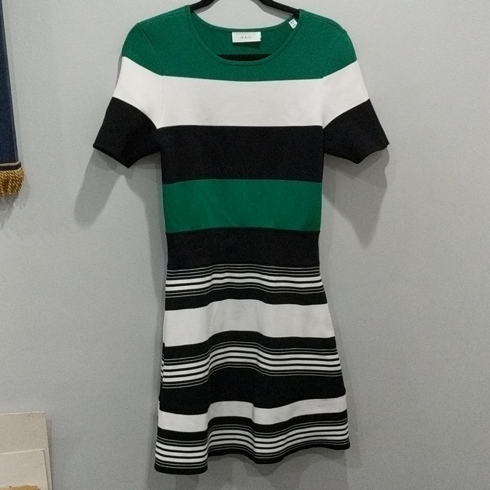 ALC Green and Black Striped Kane Dress Size L
